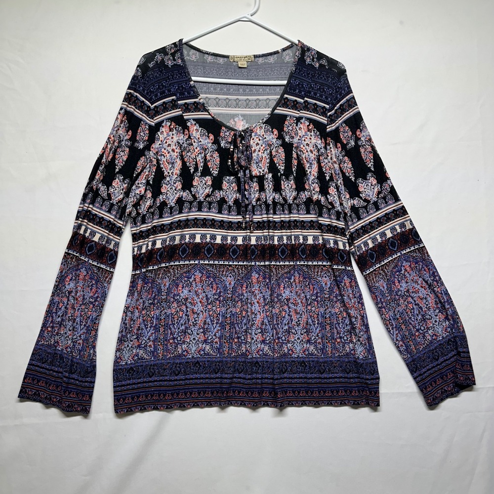 Energe World Wear Purple Navy Black‎ Print Long Sleeve Blouse Womens PXL